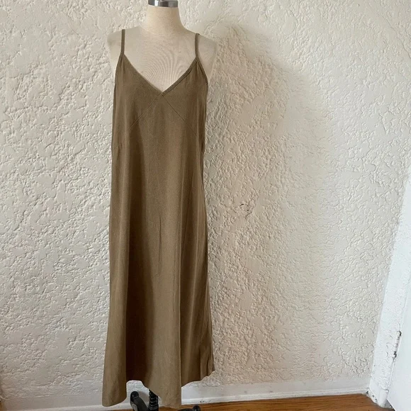 Jenni Kayne Riviera Slip Tank Dress, 100% Raw Silk Green / Brown, Boho Size XS - Picture 2 of 11